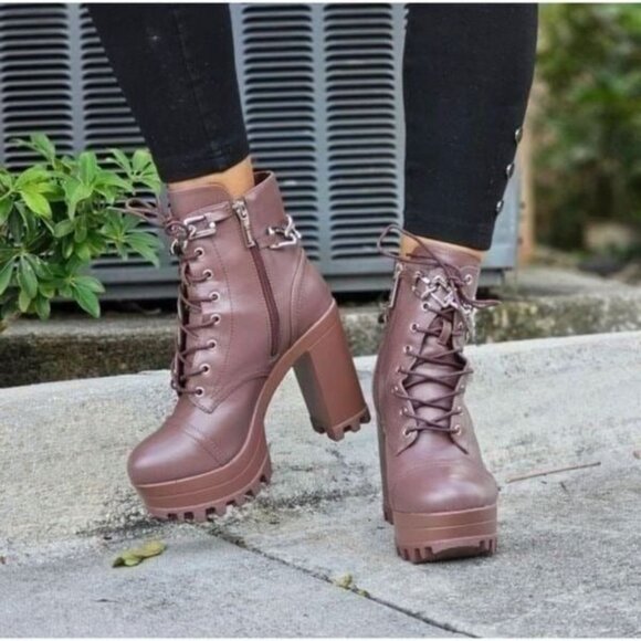 Women's Platform Heel Boots Chunky Ankle Lace Up Mocha Color - Picture 4 of 5